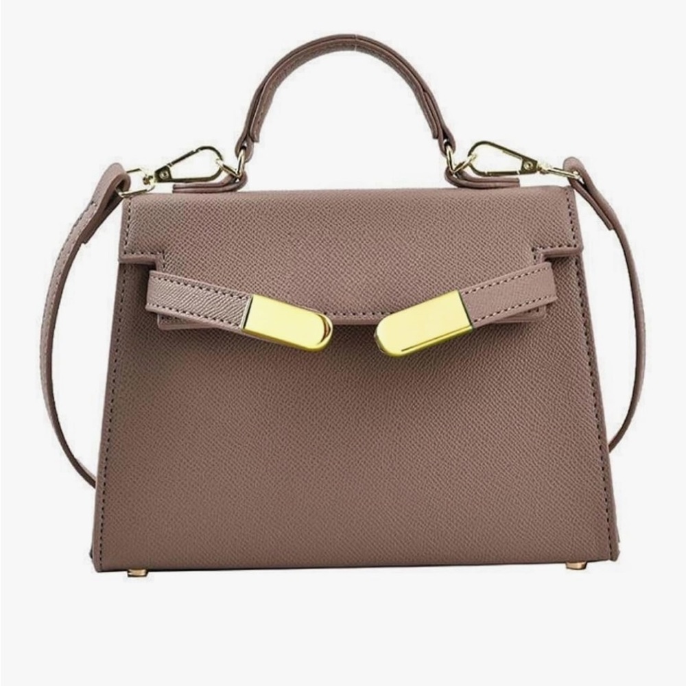 Top Handle Mini Bag In Khaki Brown With Gold Hardware And Crossbody Strap